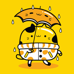 
cute cat mascot character wearing an umbrella in flat cartoon style