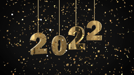 happy new year 2022 golden shiny numbers hanging on strings surrounded by golden confetti and tinsel on black - 3D illustration