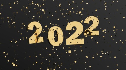 golden happy new year 2022 numbers floating free surrounded by golden confetti and tinsel on black - 3D illustration