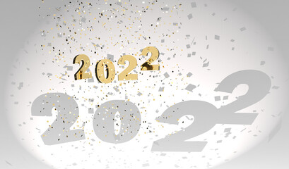 happy new year 2022 golden numbers floating free in a spotlight with light grey drop shadow  surrounded by golden confetti and tinsel on white - 3D illustration