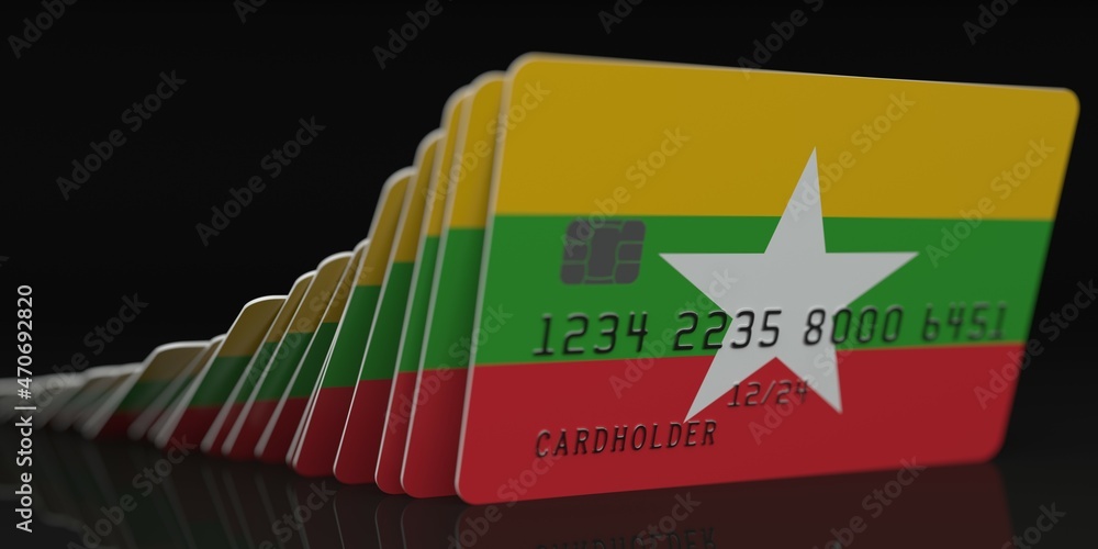 Poster domino effect, fallen credit cards with flags of myanmar. fictional data on card mockups. banking co