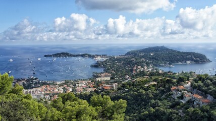 Fototapeta na wymiar Cote d'Azur, France, September 2021, top view of the bay of the seaside, the sea with yachts and the city