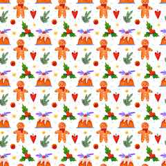 Watercolor set of Christmas illustrations. Bright colors. Winter Christmas pattern. Illustration isolated on white background.