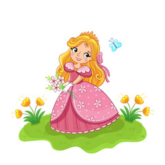 Cute little girl and princess in a pink beautiful dress stand in a green meadow. Vector illustration in a cartoon style - 470693442
