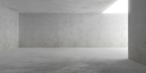 Abstract empty, modern concrete room with indirect sky lighting from right side and rough floor - industrial interior background template