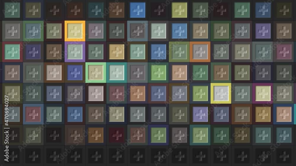 Poster dynamic animated background with medical multicolored crosses blinking endlessly. motion. rows of ti