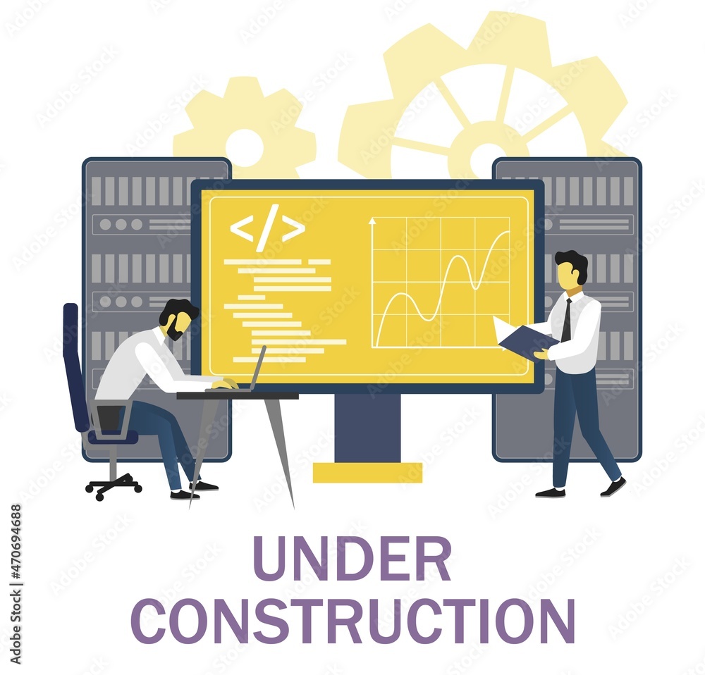 Poster webpage under construction. system administrators fixing web site page error. website repair service