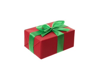 Red gift box with green bow isolated on white