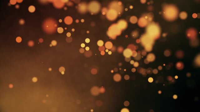Abstract looping motion background with flying particles. Animated overlay with bokeh golden lights, seamless loop.