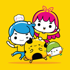 cute cat mascot character with friends in flat cartoon style
