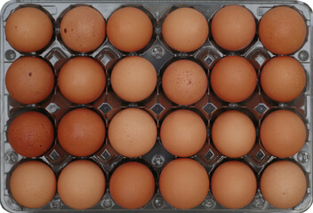 Twenty four organic brown eggs in a plastic container seen directly from above