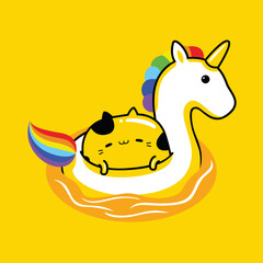 cute cat mascot character swimming with unicorn buoy in flat cartoon style