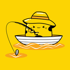 cute cat mascot character fishing in flat cartoon style