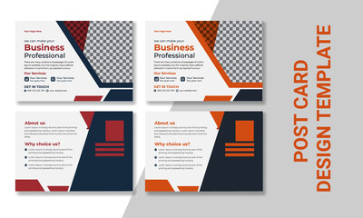 Corporate postcard design template design. Red, orange, and dark blue dark. 