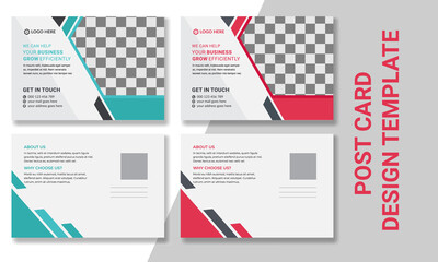 Business vector postcard design template. horizontal layout. right side for a place of a photo.