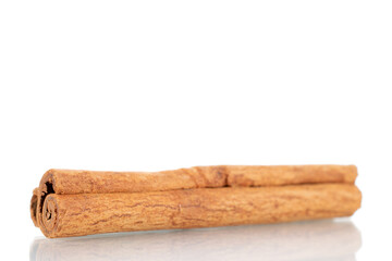 One fragrant stick of dry cinnamon, close-up, isolated on white.