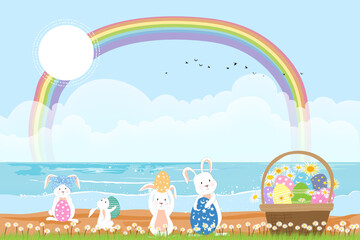 Spring time with bunny hunting Easter eggs by the sea,Vector illustration holiday background, Cute cartoon rabbits playing on sand beah with blue sky cloud and rainbow in sunny day