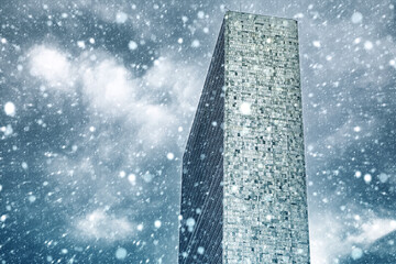 United nations headquarters during a winter snowfall in New York
