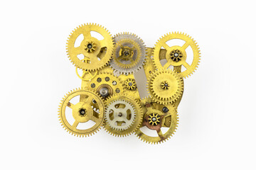 Mechanism of bronze gears isolated on a white background.