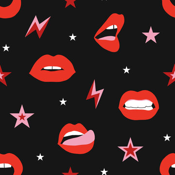 Woman cheeky lips in red lipstick make up vector seamless pattern. Girl power Rock Star background. Red Pink Black sassy girlish fashion design. 