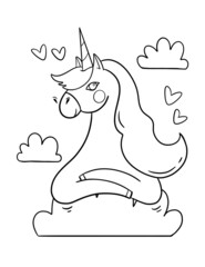 Cute unicorn illustration for kids coloring book.