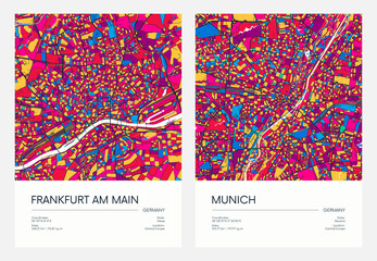 Color detailed road map, urban street plan city Frankfurt am Main and Munich with colorful neighborhoods and districts, Travel vector poster - obrazy, fototapety, plakaty