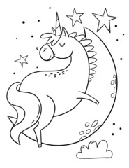 Unicorn on the moon illustration for coloring book.
