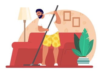 Man washing floor with mop, vector illustration. Housework, house cleaning, housekeeping, household chores.