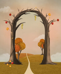 Fantasy greeting card with autumnal trees beyond a magic passage - 470696693