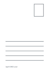 post card letter pattern back side with copy space lines and postage stamp, vertical mockup with white background and April month time
