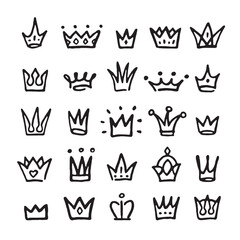 Doodle queen crowns. Logo prince crown, black royal signs. King tiara, sketch crowned elements. Hand drawn baby princess tidy vector emblems