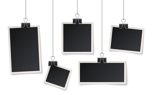 Frames hang on clips. Picture hanging, photos frame on string. Blank realistic photography template, isolated memories elements exact vector concept