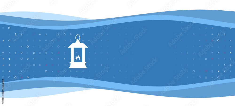 Poster blue wavy banner with a white christmas lantern symbol on the left. on the background there are smal