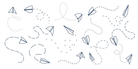 Obraz premium Paper airplane. Fly plane, flight dotted routes and line aircraft toy. Isolated abstract flying, travel or logistic trip. Conceptual aviation recent vector symbols