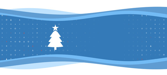 Blue wavy banner with a white Christmas tree symbol on the left. On the background there are small white shapes, some are highlighted in red. There is an empty space for text on the right side