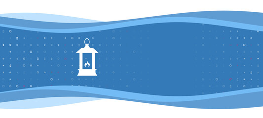 Naklejka premium Blue wavy banner with a white Christmas lantern symbol on the left. On the background there are small white shapes, some are highlighted in red. There is an empty space for text on the right side
