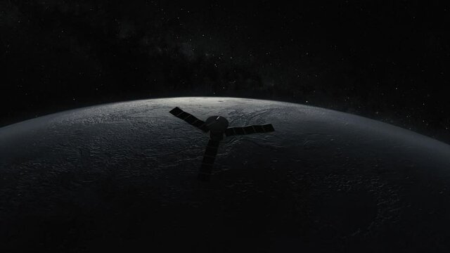 Cosmos concept. A space satellite flies over the Moon. 3d animation