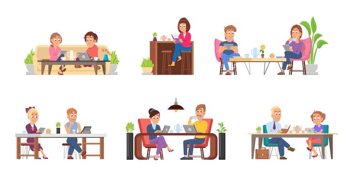 Cartoon people in cafe. Meeting in restaurant, girlfriend eat at table with friend. Drink time, office dinner. Business partners lunch decent vector scenes