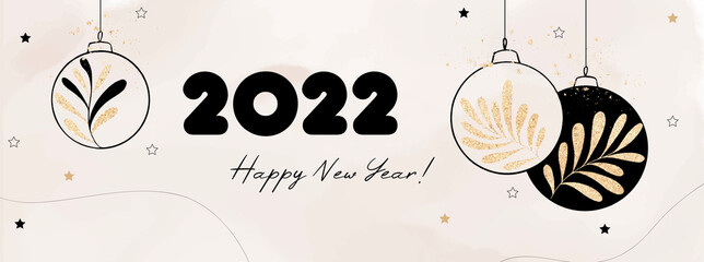 Happy New Year 2022 banner with watercolor effect and hand drawn hanging ball decoration.
