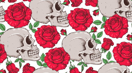 Human Skull and roses seamless pattern. Hand drawn vector illustration. Fabric design template. Skull background.