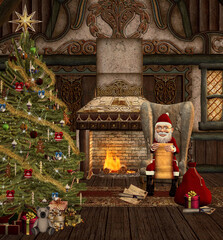 Santa Claus sitting on an armchair by the fireplace reading christmas letters