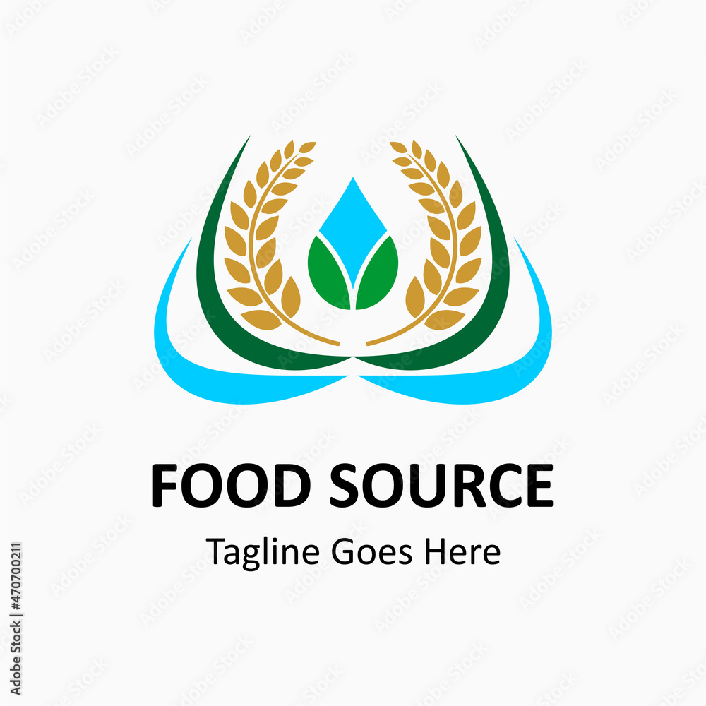 Wall mural vector logo for food, wheat or rice icon and water drop. rice, wheat and water drop vector logo template. food source illustration