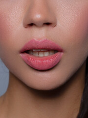 Naklejka premium Cosmetics, makeup and trends. Bright lip gloss and lipstick on lips. Closeup of beautiful female mouth with natural lip makeup. Beautiful part of female face. Perfect clean skin in natural light
