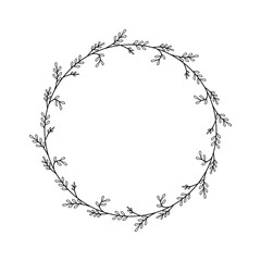 Abstract Black Simple Line Round Circ With Leaf Leaves Frame Flowers Doodle Outline Element Vector Design Style Sketch Isolated Illustration For Wedding And Banner