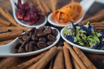 Beverage ingredients, coffee, cinnamon, butterfly pea flower, hibiscus tea from roselle flower and sappanwood tree tea
