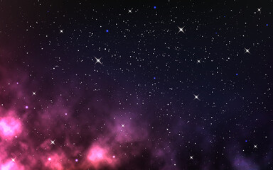 Color nebula in deep space. Starry cosmos background with realistic galaxy. Beautiful cosmic wallpaper with glowing stars. Bright milky way effect. Vector illustration