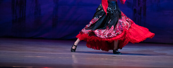 Closeup of ballerina dancing isolated on stage.
