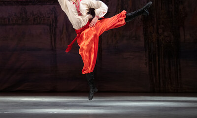 Closeup of classical ballet male dancer dancing hopak