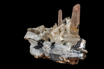 Macro stone mineral Quartz crystals on a black background