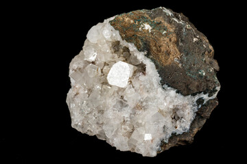 Macro stone Stilbite mineral on white black close up